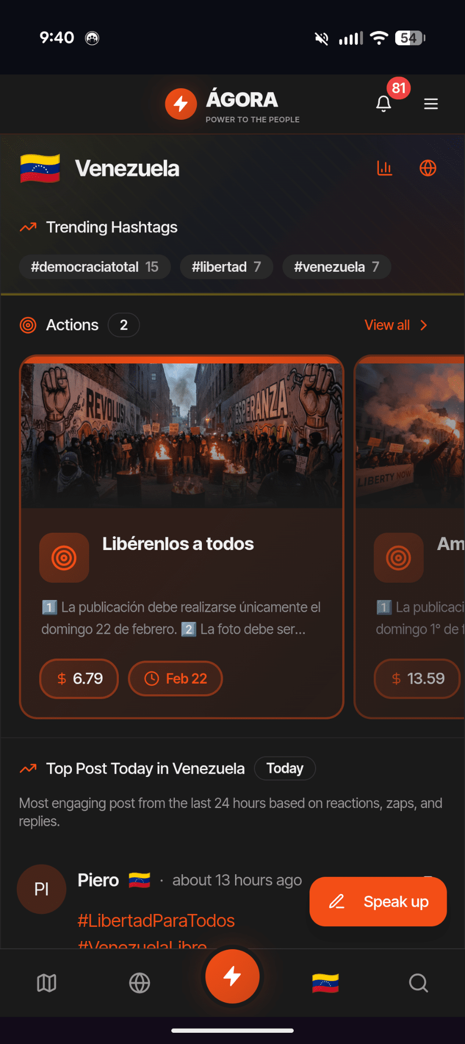 Agora Venezuela country home page showing trending posts and community activity