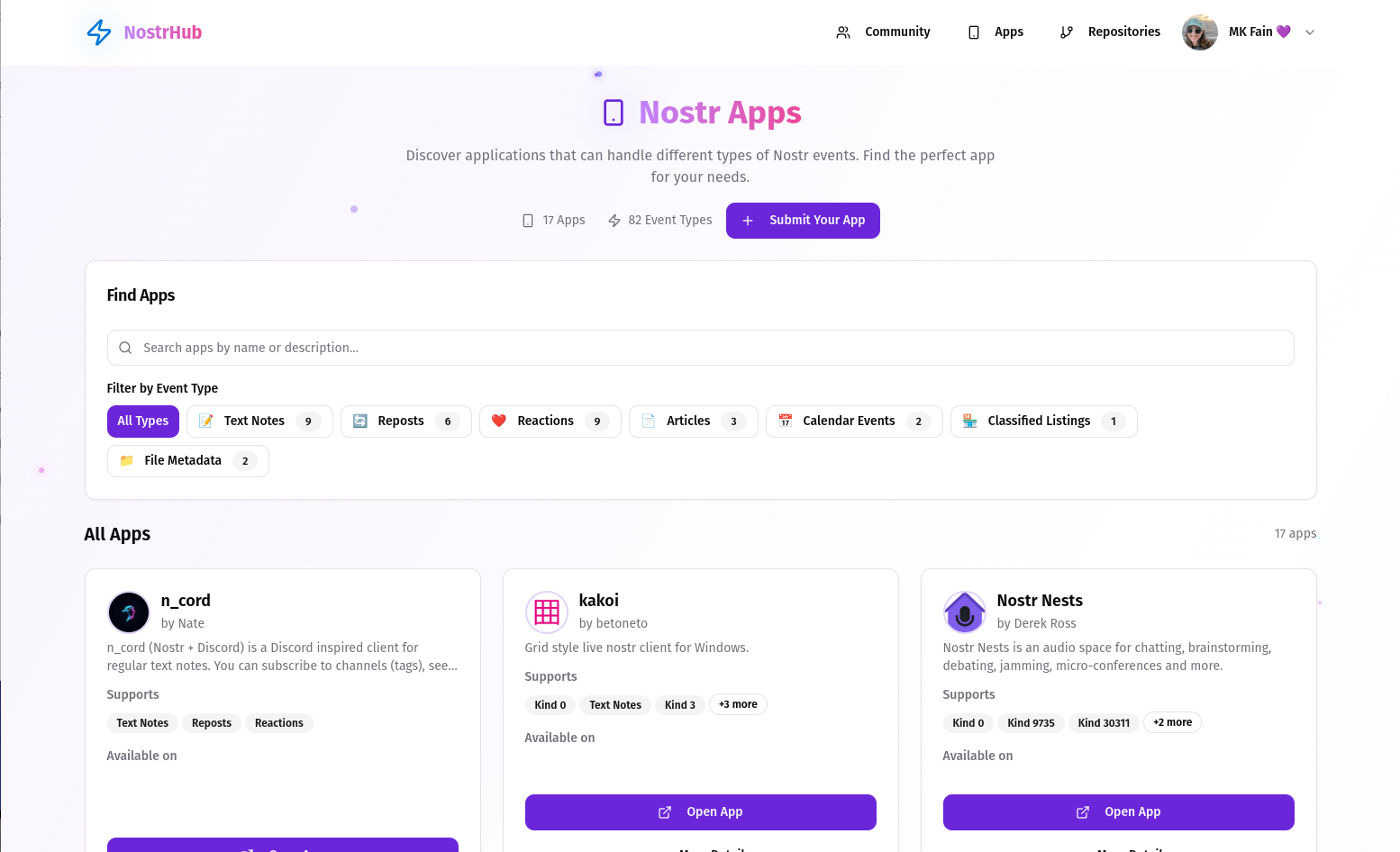 NostrHub Apps page showing Nostr applications organized by supported event kinds