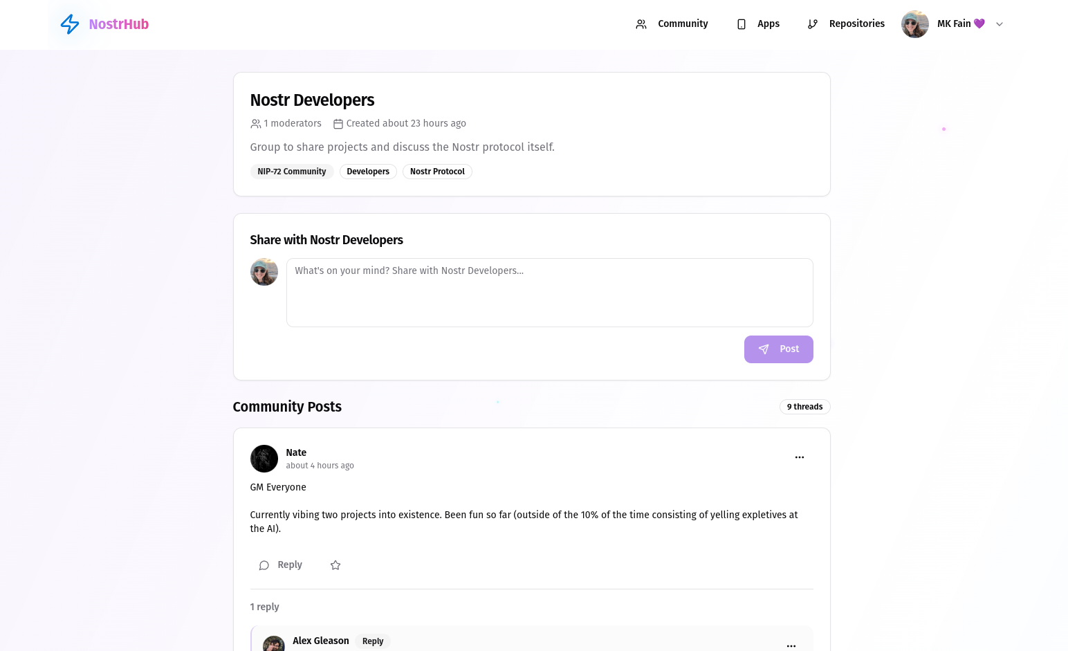 NostrHub Community page showing developer discussions and collaboration