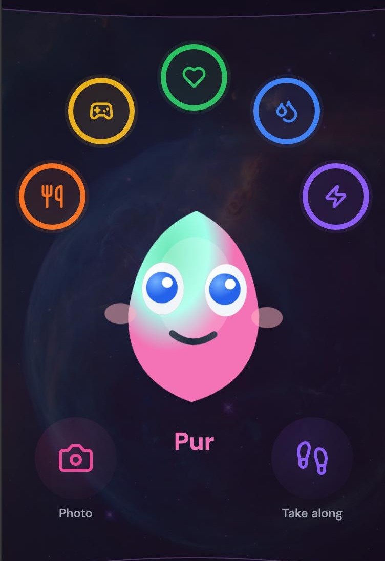 Pur, a pink egg-shaped Blobbi with care action icons