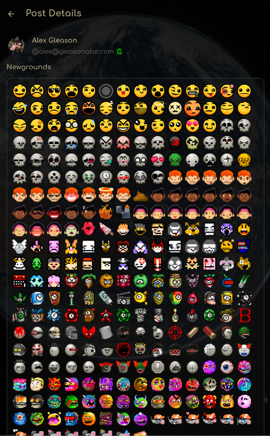A massive Newgrounds custom emoji pack with hundreds of pixel art emojis