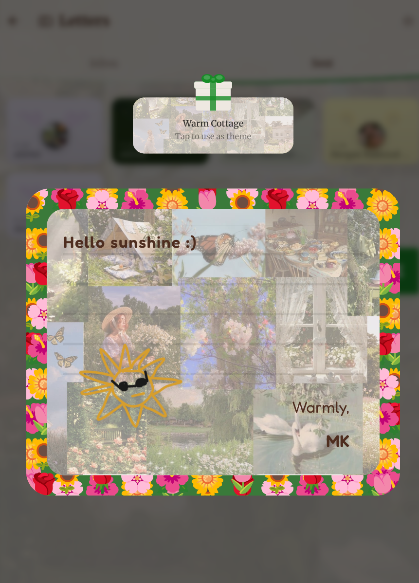 A letter with a cottage garden theme reading 'Hello sunshine'