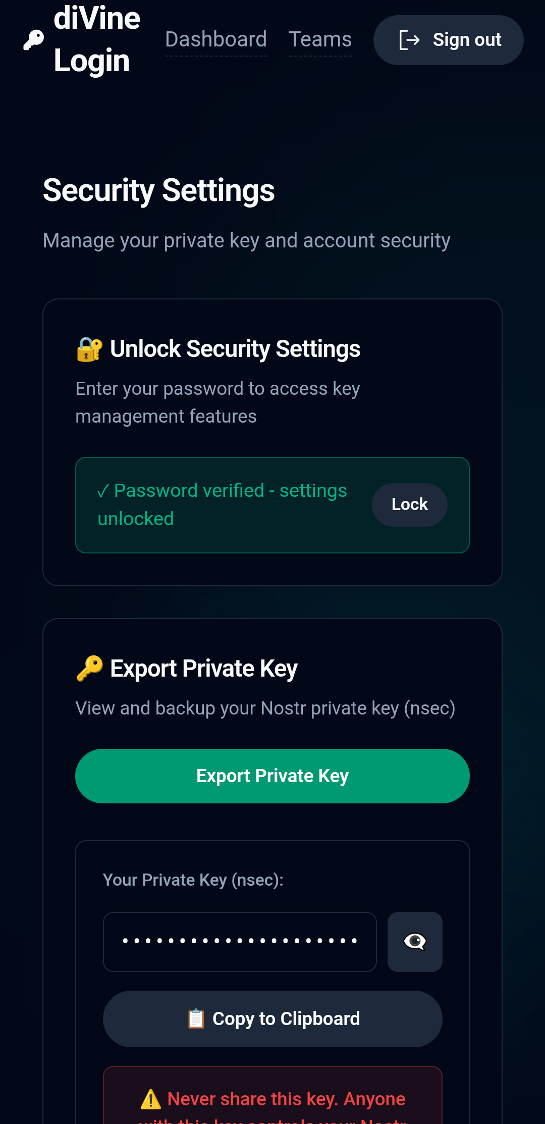 diVine Login Security Settings with key export