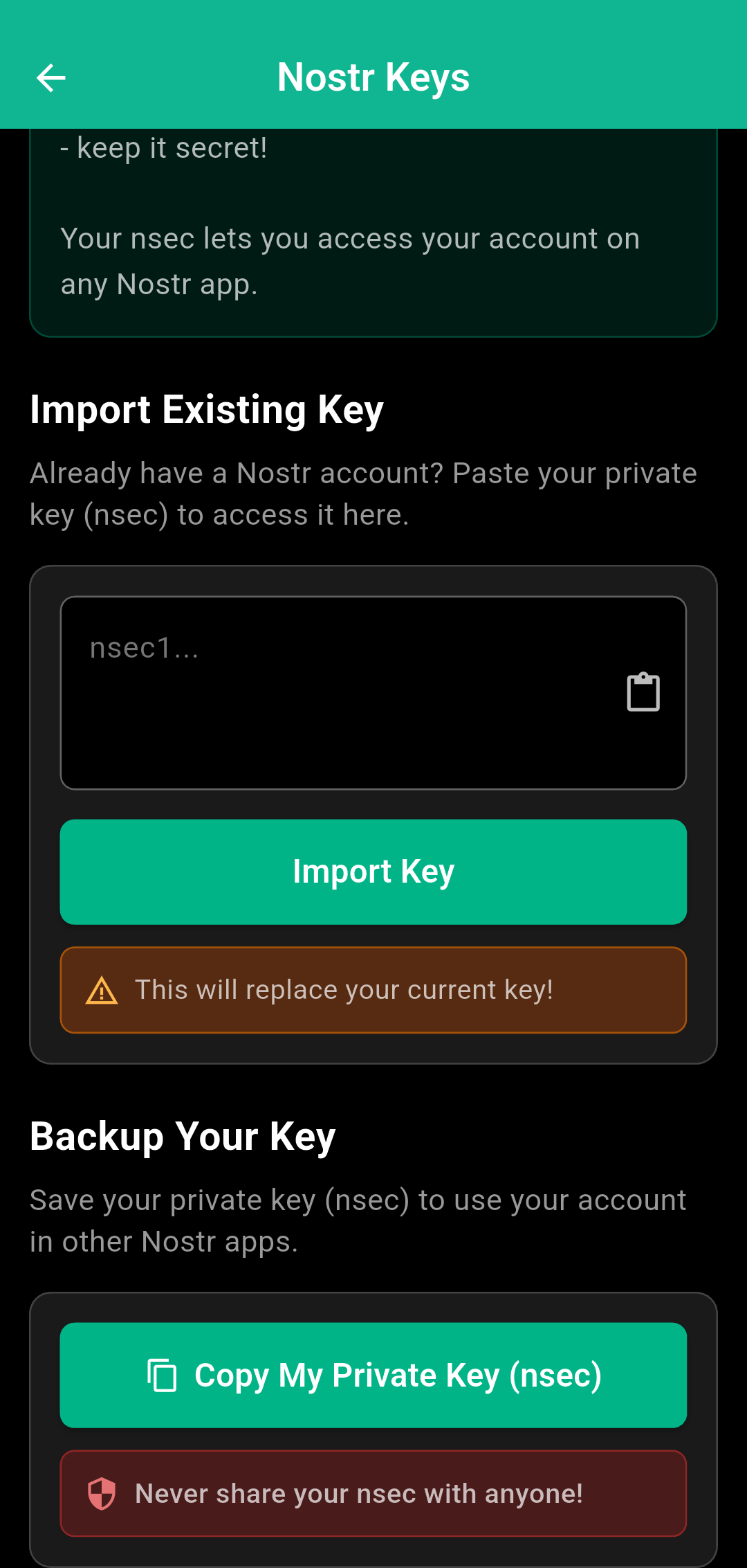 diVine Nostr Keys screen with backup option