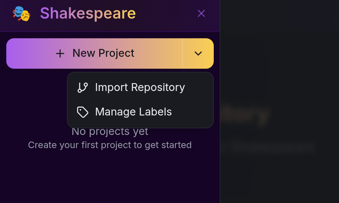 New Project dropdown menu