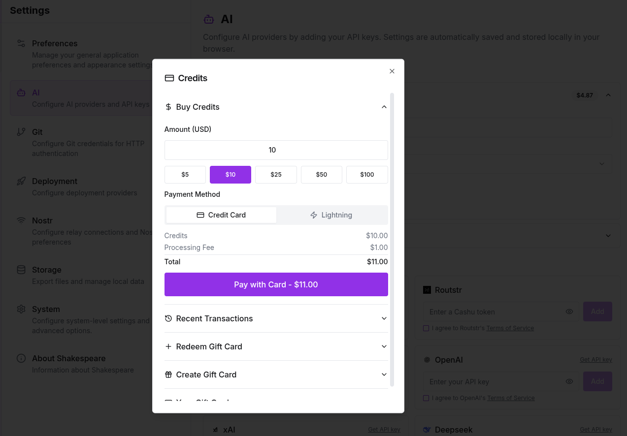 Gift card purchase interface in Shakespeare