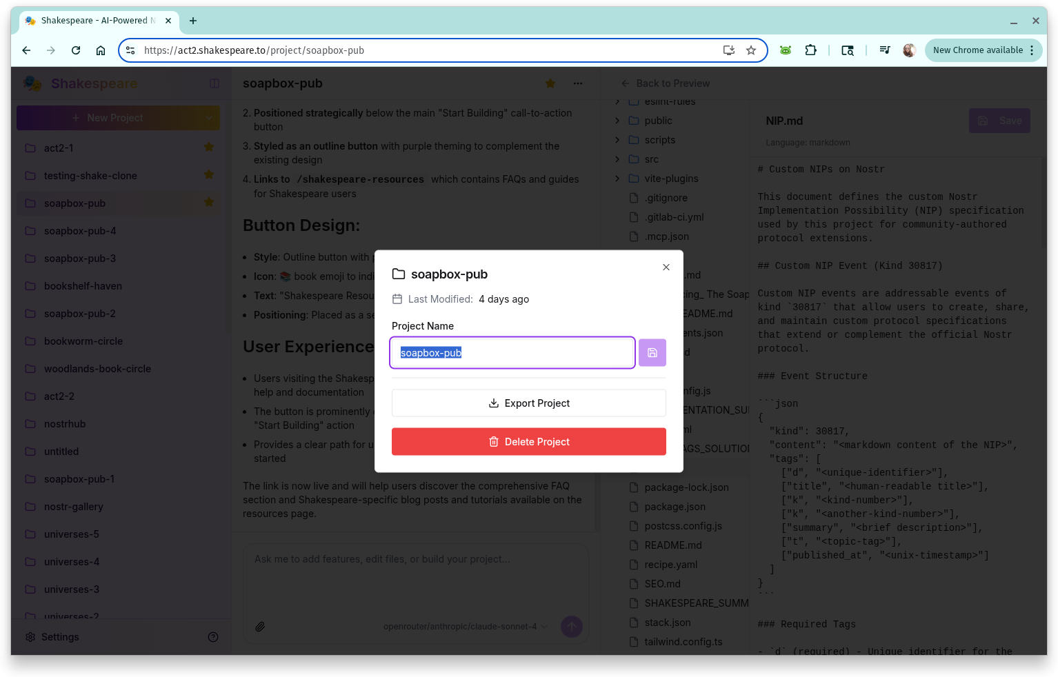 Project export and settings interface
